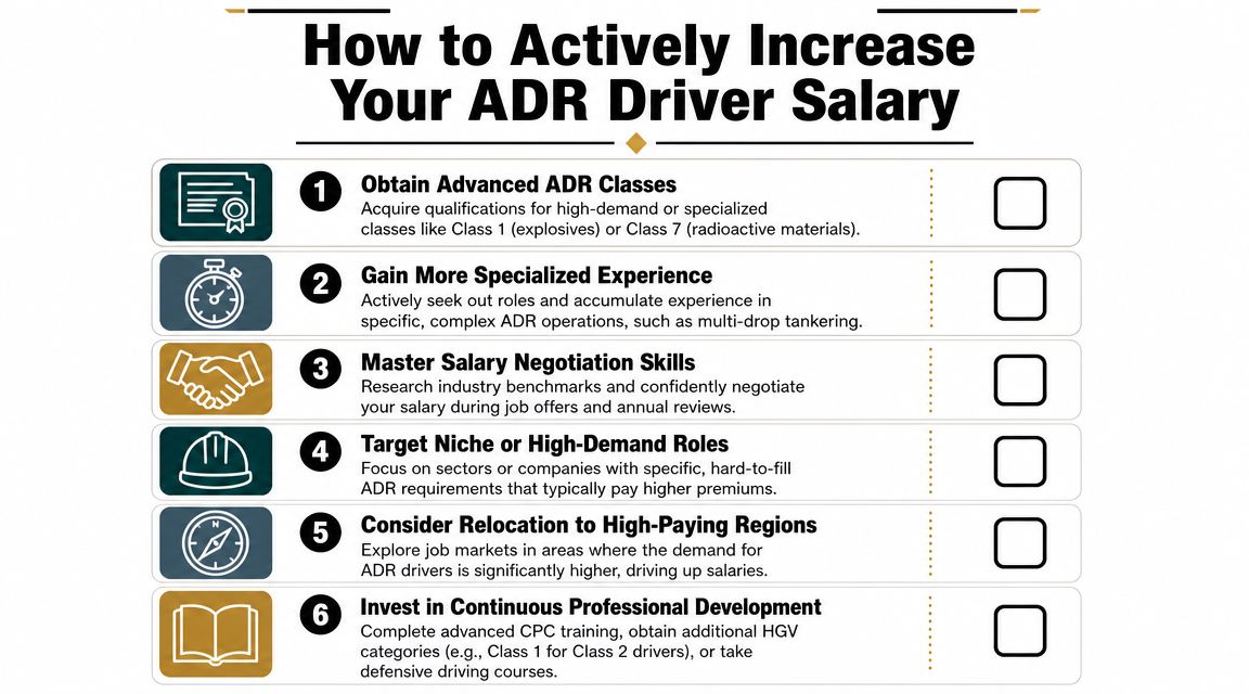 A checklist infographic outlining six strategic steps to actively increase your professional ADR driver salary.