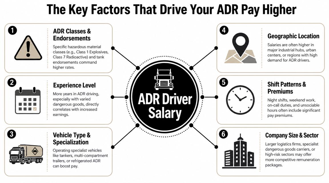 An infographic detailing the six key factors that influence salary levels for ADR truck drivers.