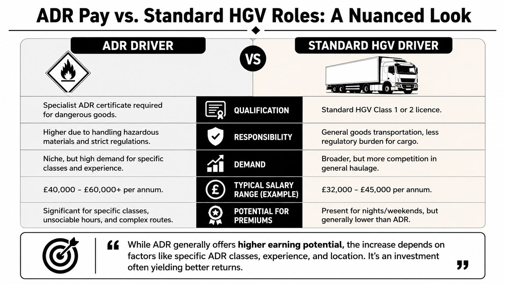 A comparison chart outlining the differences in qualifications, responsibilities, salary, and demand between ADR and standard HGV drivers.