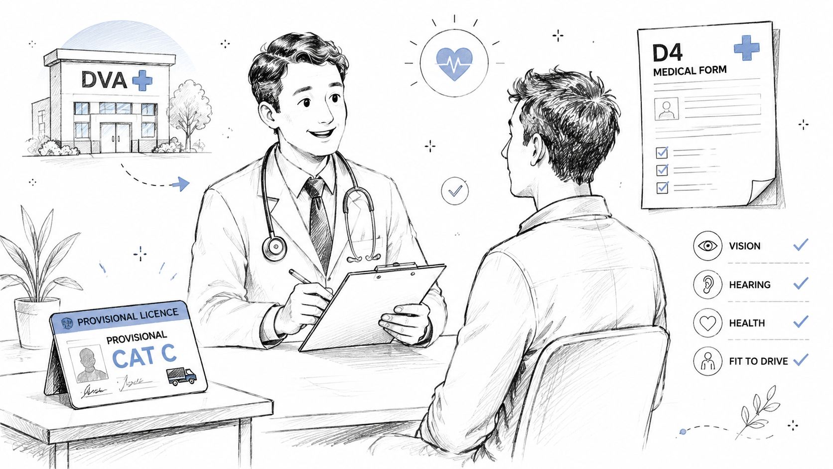 A doctor conducting a medical examination for a Category C provisional driver's licence in Northern Ireland.