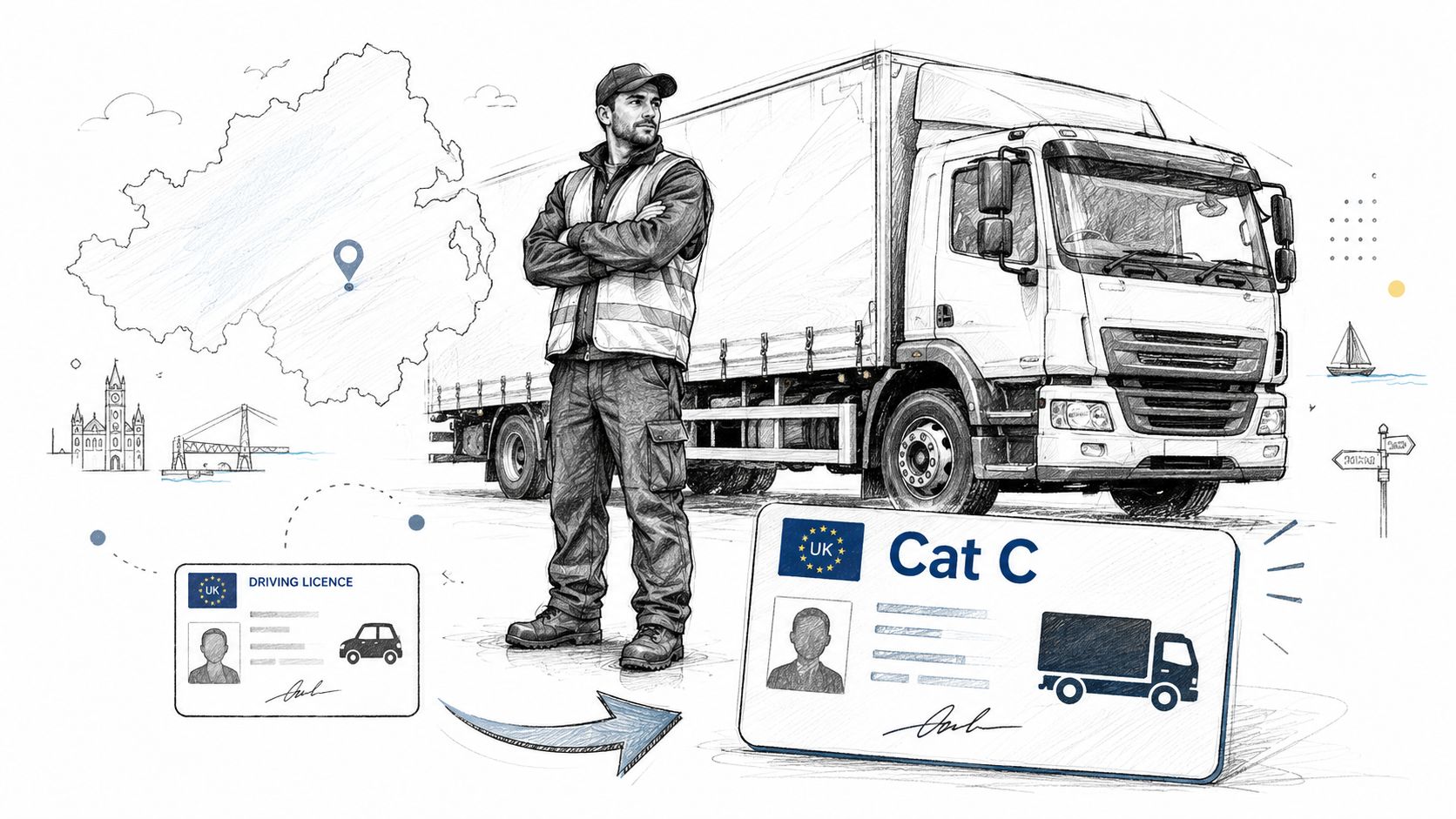 A professional truck driver standing in front of a heavy goods vehicle with a Cat C licence illustration.