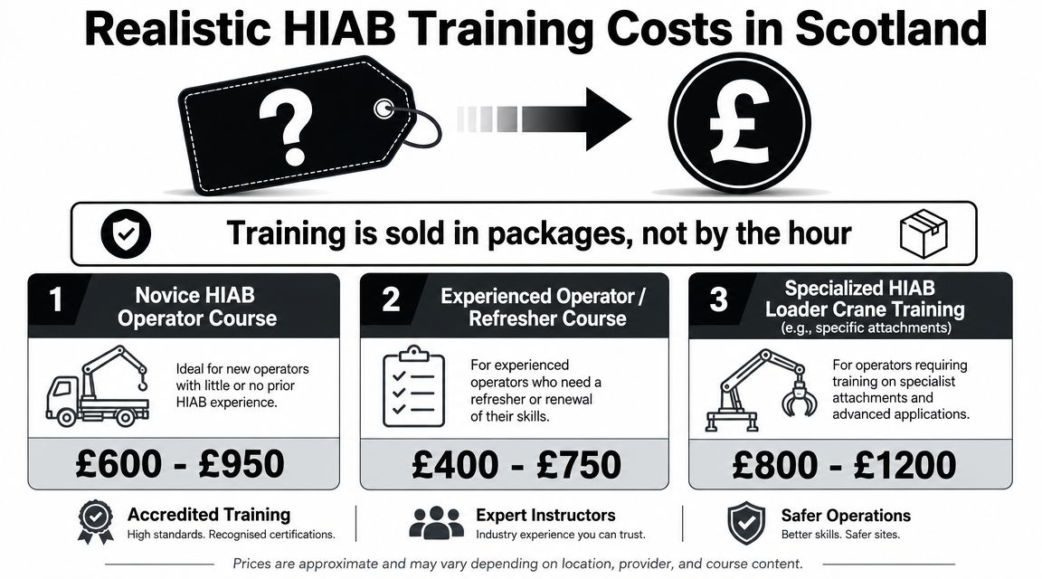 An infographic showing the estimated price ranges for different levels of HIAB crane operator training in Scotland.