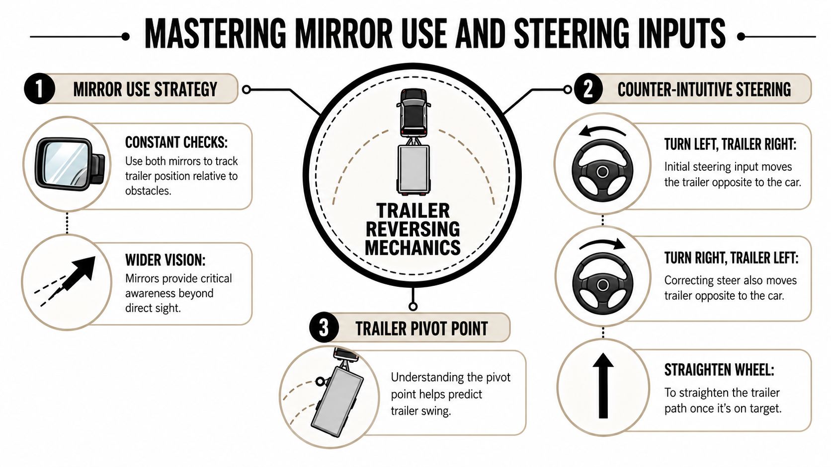 An infographic showing tips for mastering mirror use and steering mechanics when reversing a trailer vehicle.
