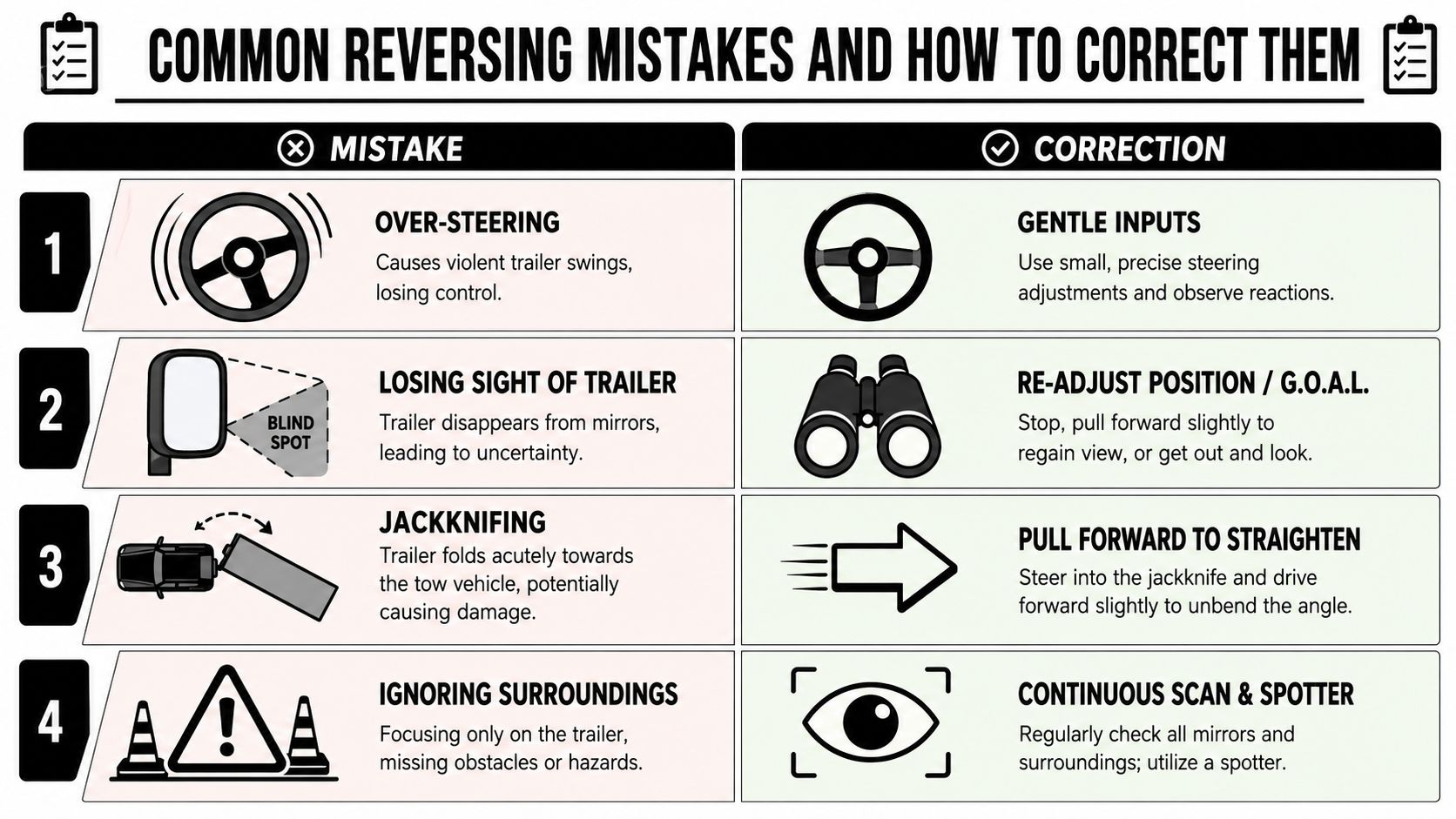 An infographic showing four common reversing mistakes with trailers and the corresponding professional corrections for drivers.