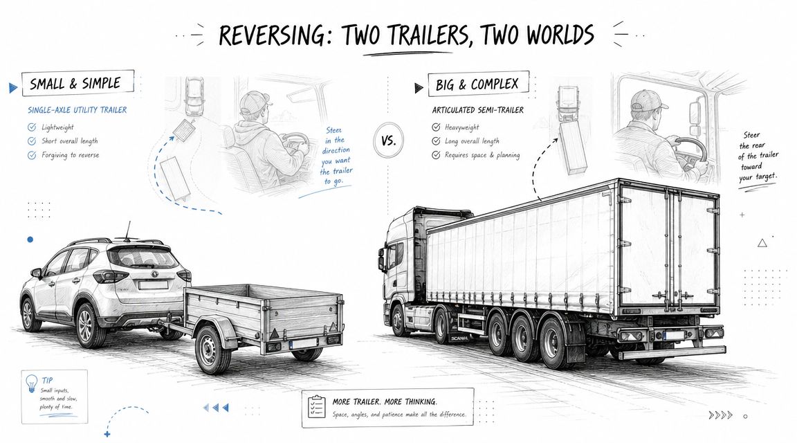 An educational infographic comparing the techniques for reversing a small utility trailer versus a large semi-truck trailer.