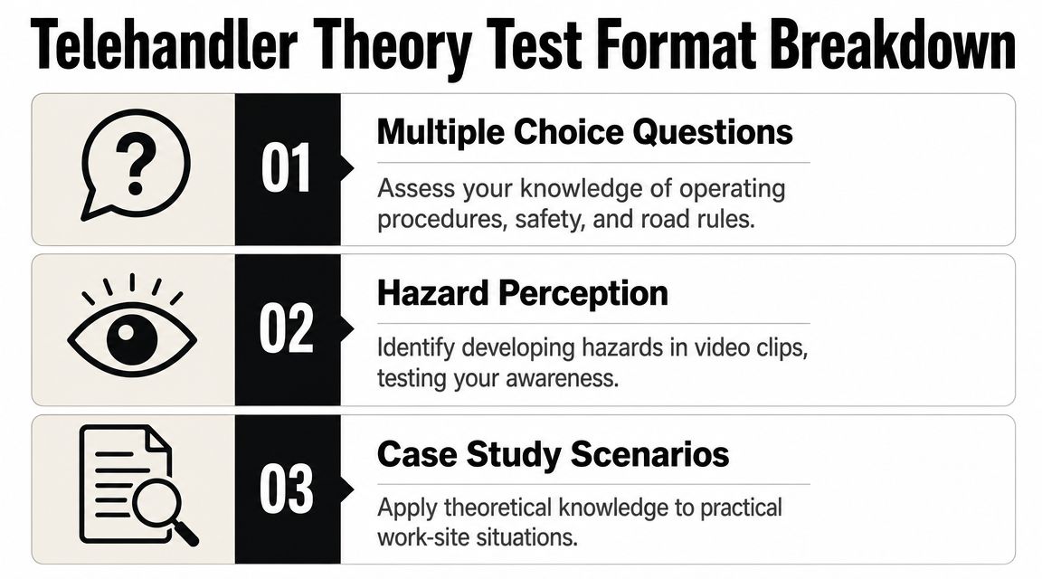 A visual breakdown of the three sections included in the telehandler theory test examination format.
