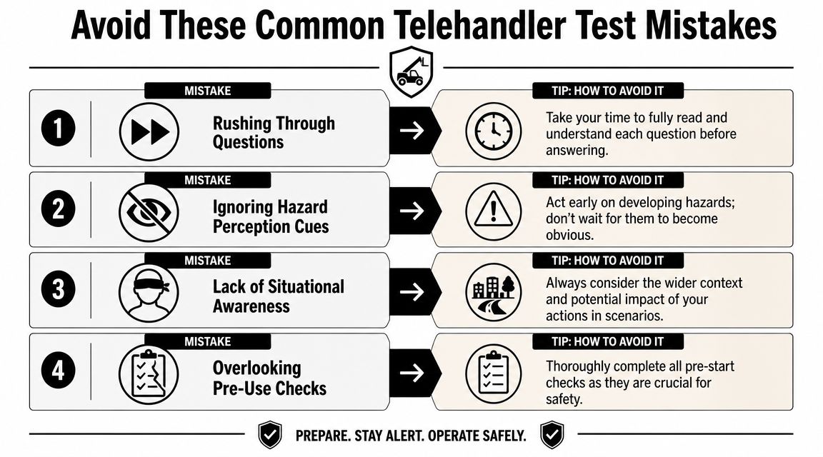 An infographic titled Avoid These Common Telehandler Test Mistakes listing four tips for passing the exam.