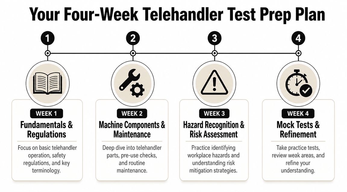 A four-week study plan infographic for preparing for a telehandler theory test covering operation and safety.