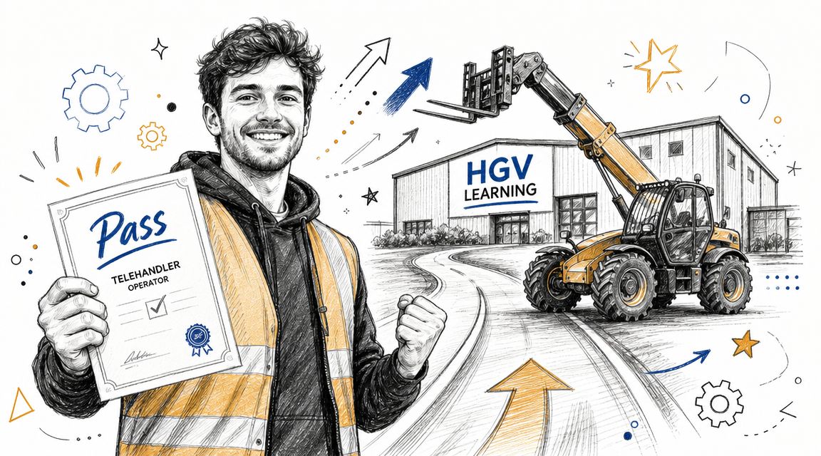 A happy operator in a high-visibility vest holding a passed certificate in front of a telehandler machine.