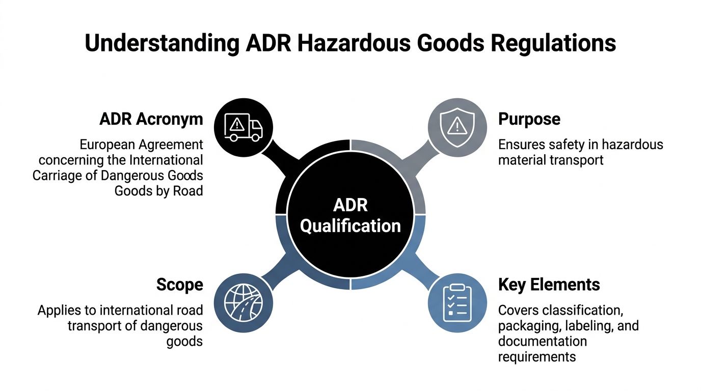 A diagram explaining ADR hazardous goods regulations, including purpose, scope, and key transport requirements.