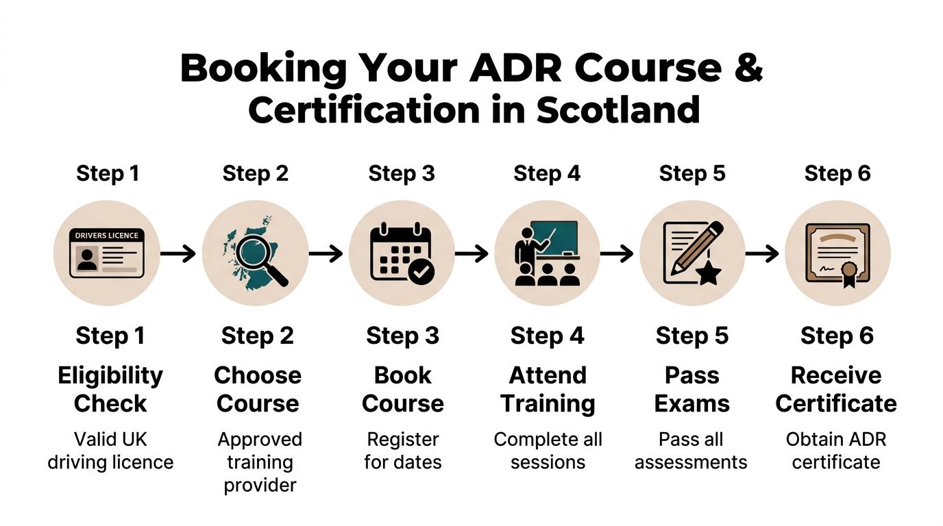 A six-step infographic illustrating the process for booking and obtaining an ADR training certification in Scotland.