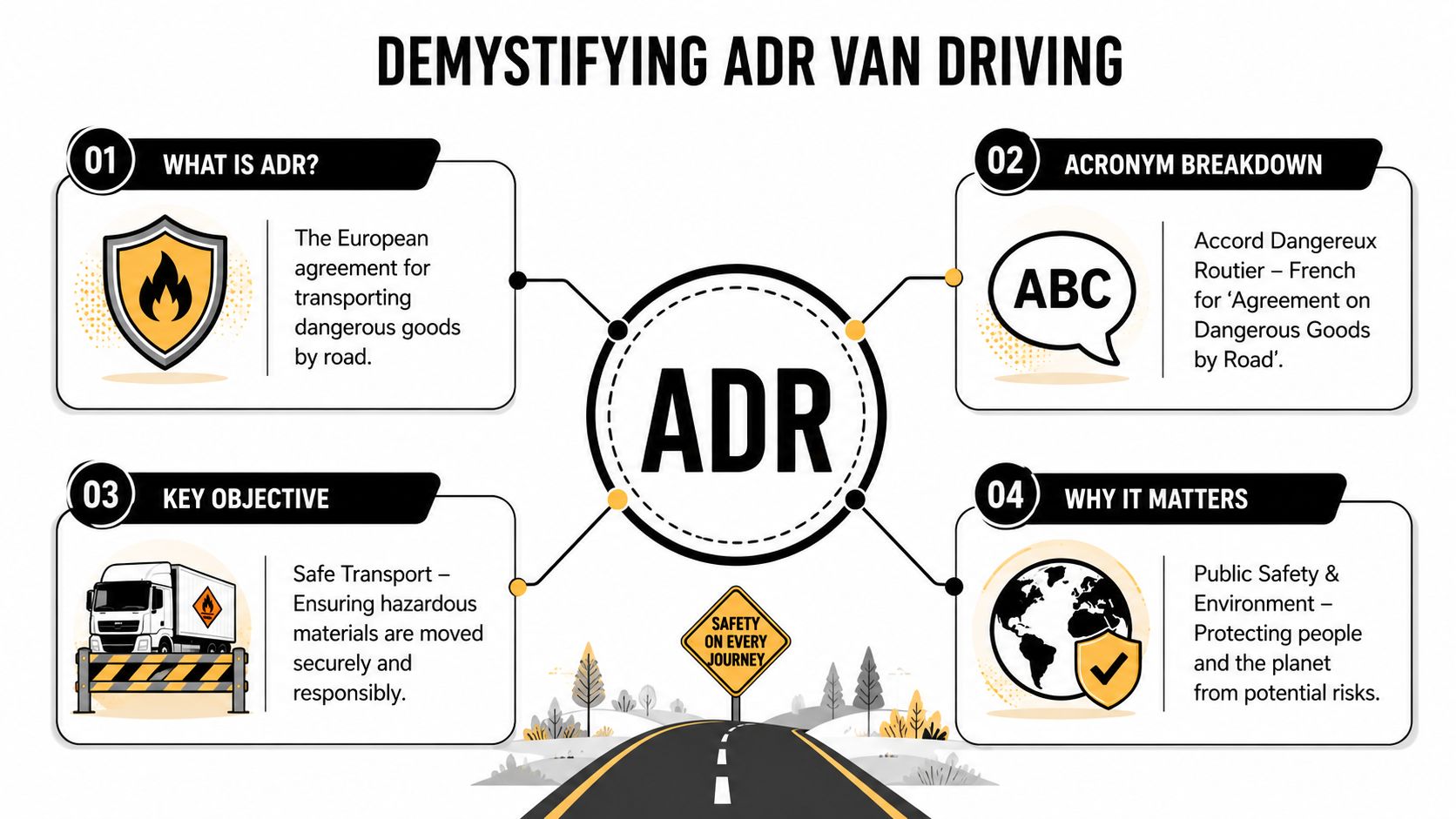 An infographic titled Demystifying ADR Van Driving explaining the definition, meaning, objectives, and importance of ADR regulations.