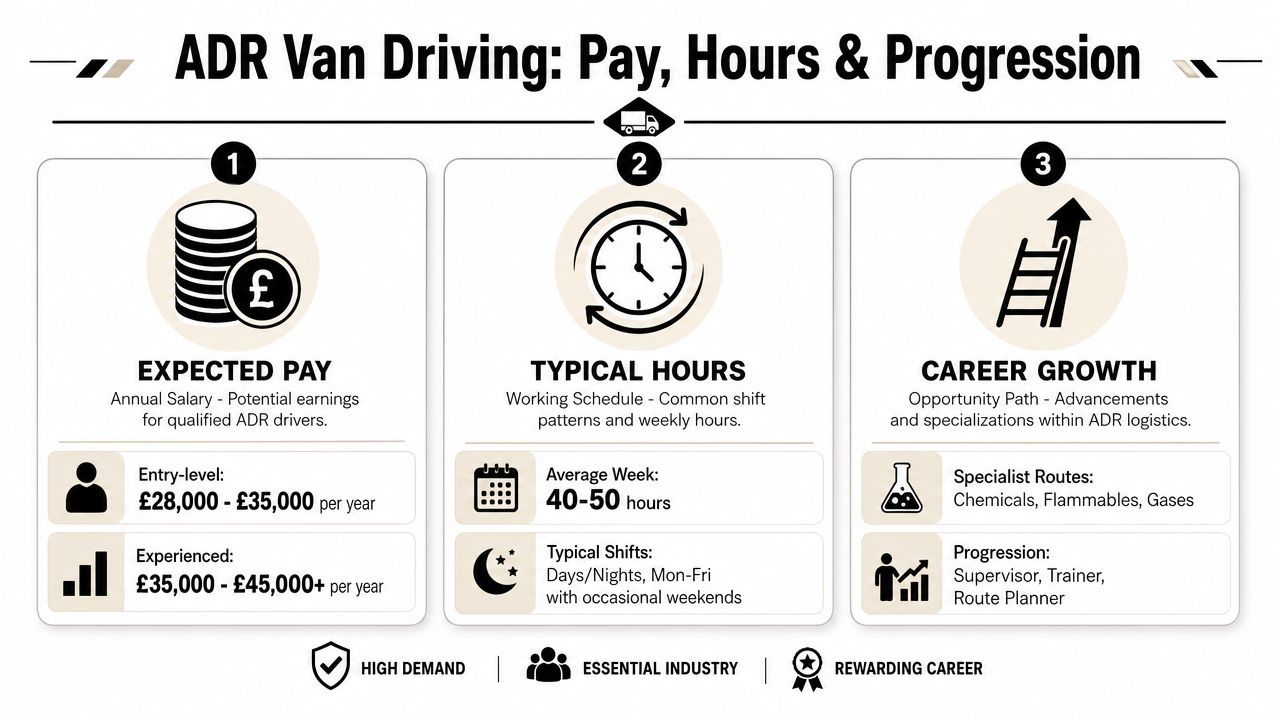 An infographic detailing expected pay, typical work hours, and career progression paths for ADR van drivers.