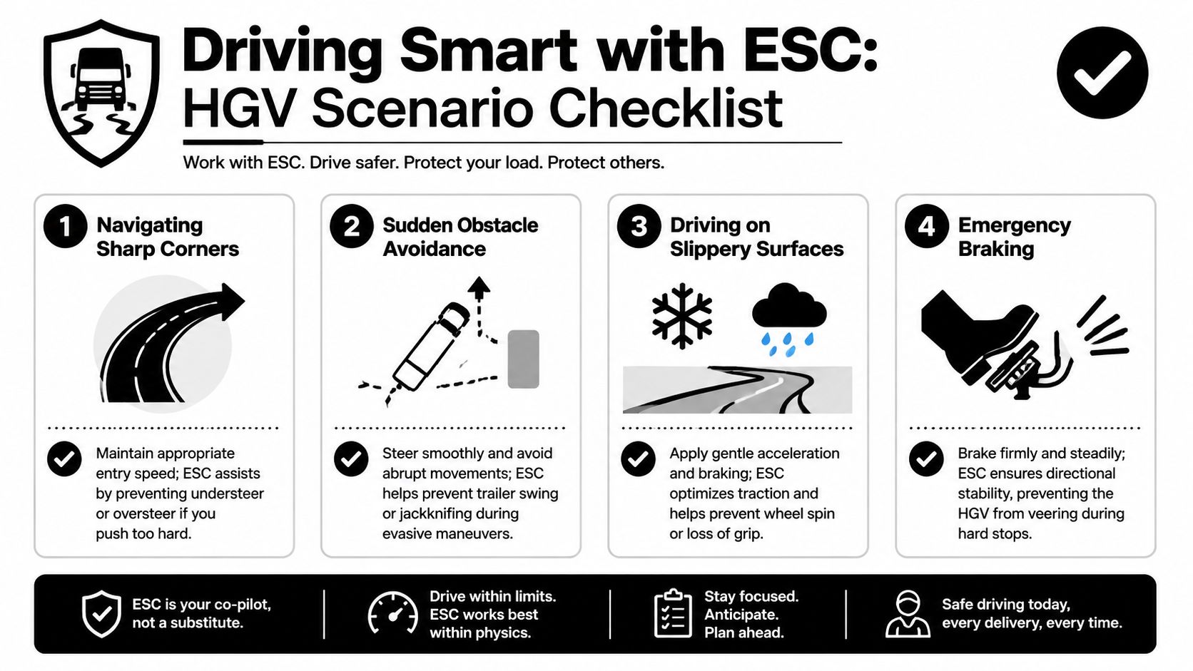 An infographic titled Driving Smart with ESC showing four key HGV safety scenarios for using stability control.
