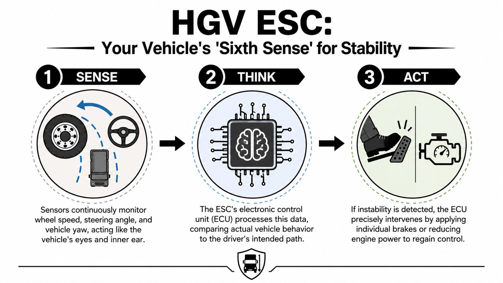 A diagram illustrating the three-step process of HGV electronic stability control: Sense, Think, and Act.