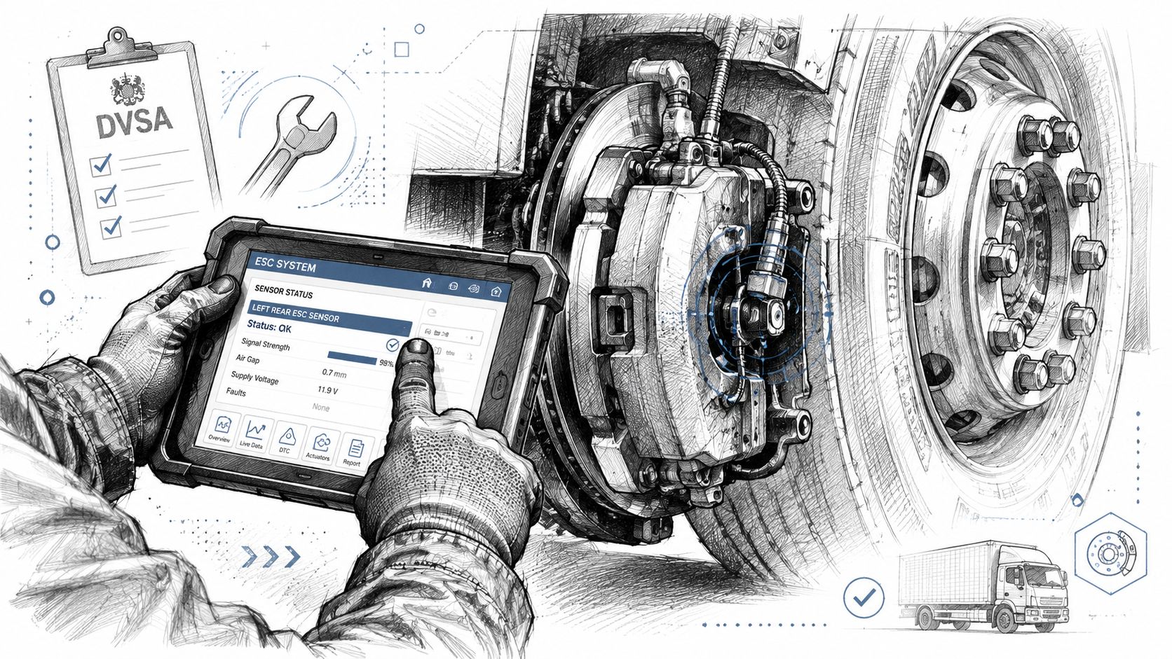 A mechanic using a tablet to inspect an electronic stability control sensor on a truck wheel.