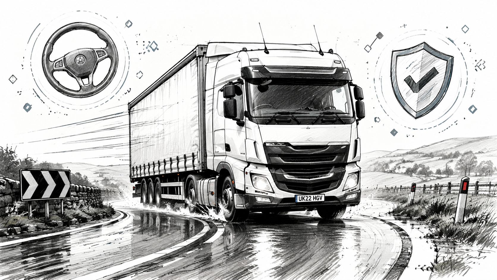 A line art illustration of a truck on a wet road with steering wheel and security shield icons