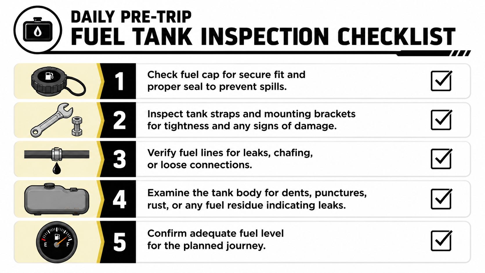 A visual guide for a daily pre-trip fuel tank inspection checklist with five safety steps.