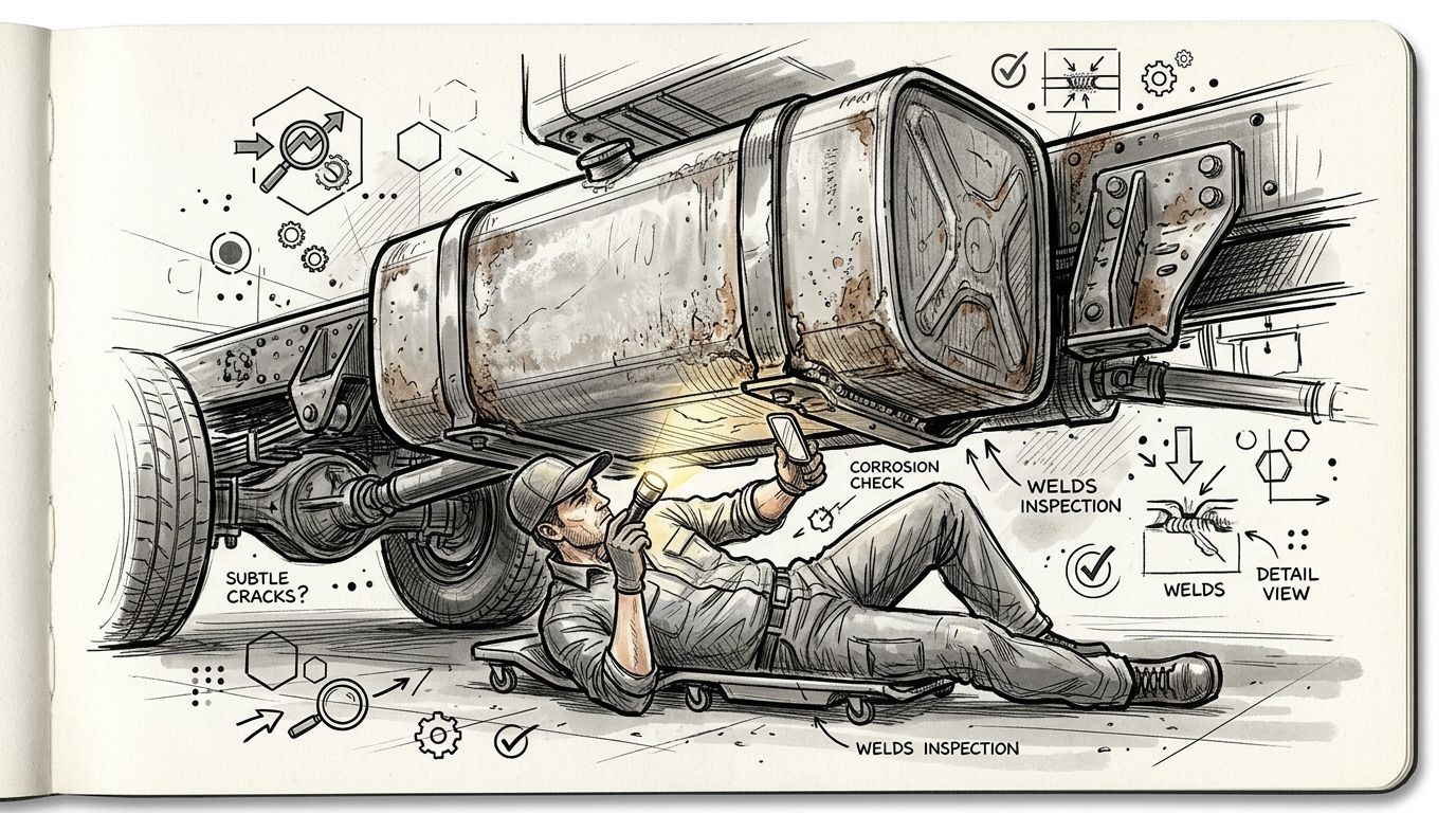 A mechanic inspecting a rusty truck fuel tank for cracks and weld defects using a flashlight.