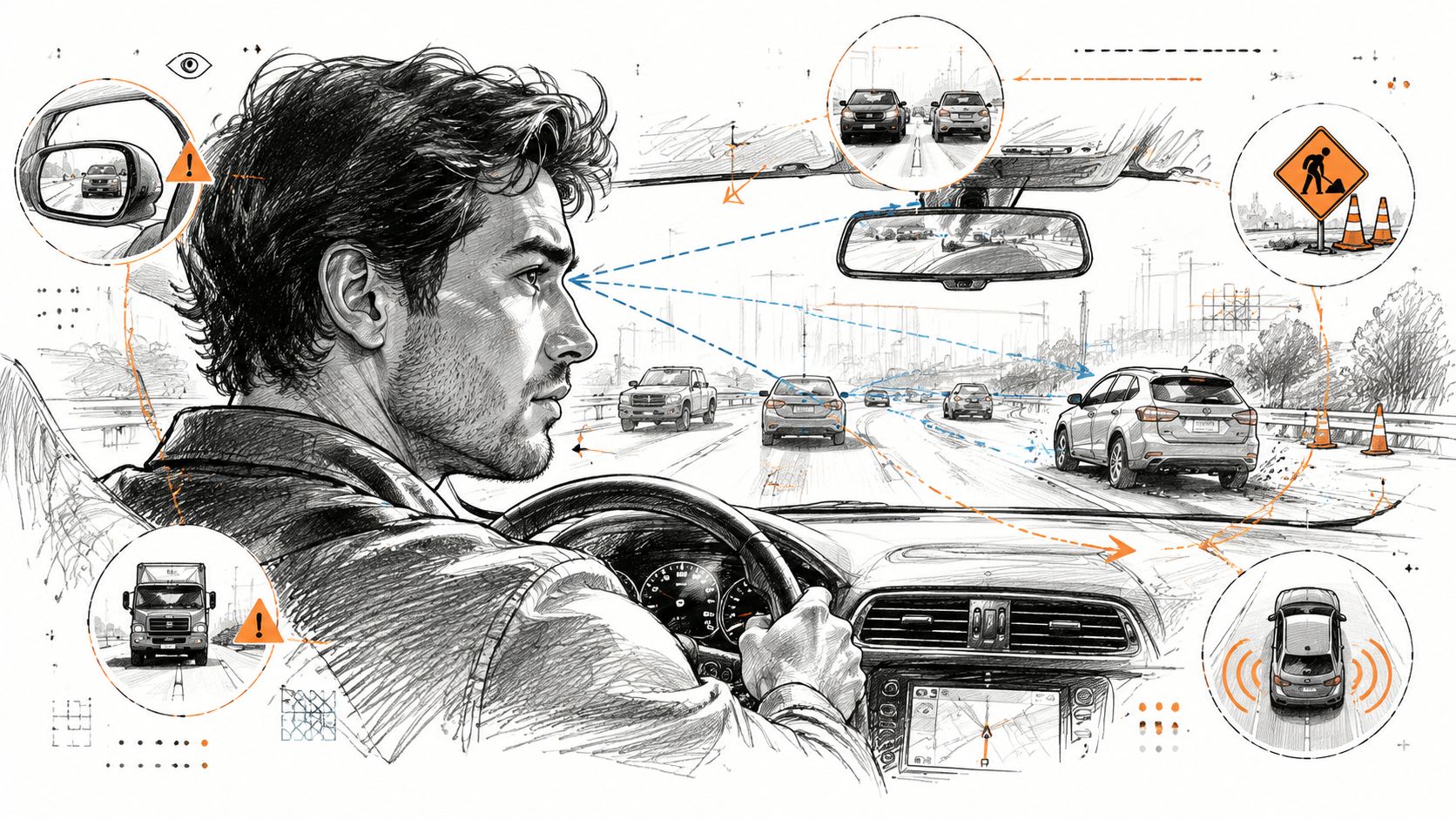 A digital sketch showing a driver monitoring road conditions with smart car hazard identification technology assistance.