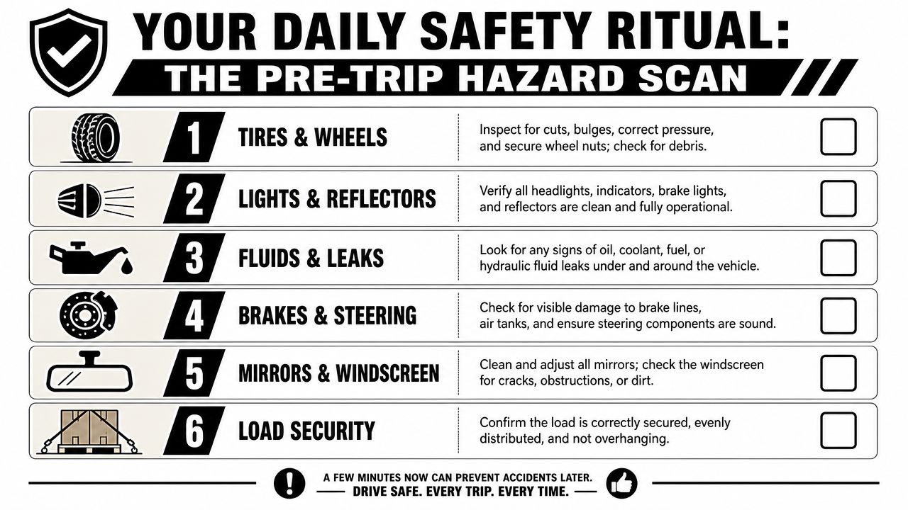 A safety checklist infographic for vehicle drivers titled Your Daily Safety Ritual: The Pre-Trip Hazard Scan.