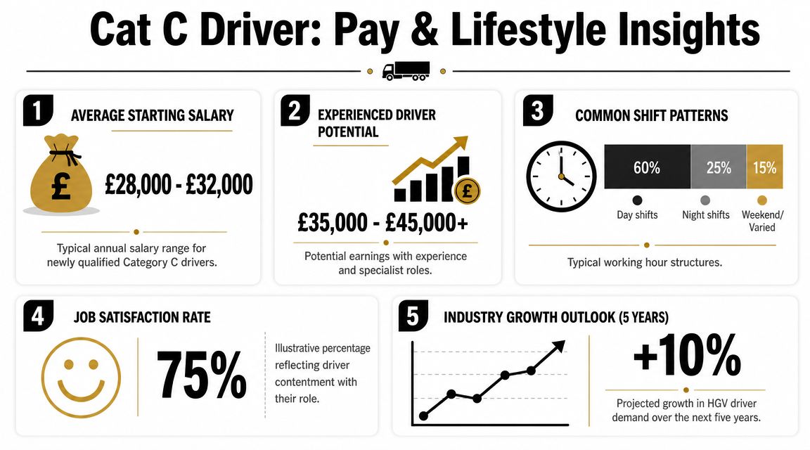 An infographic showing salary, shift patterns, job satisfaction, and growth projections for professional Cat C HGV drivers.