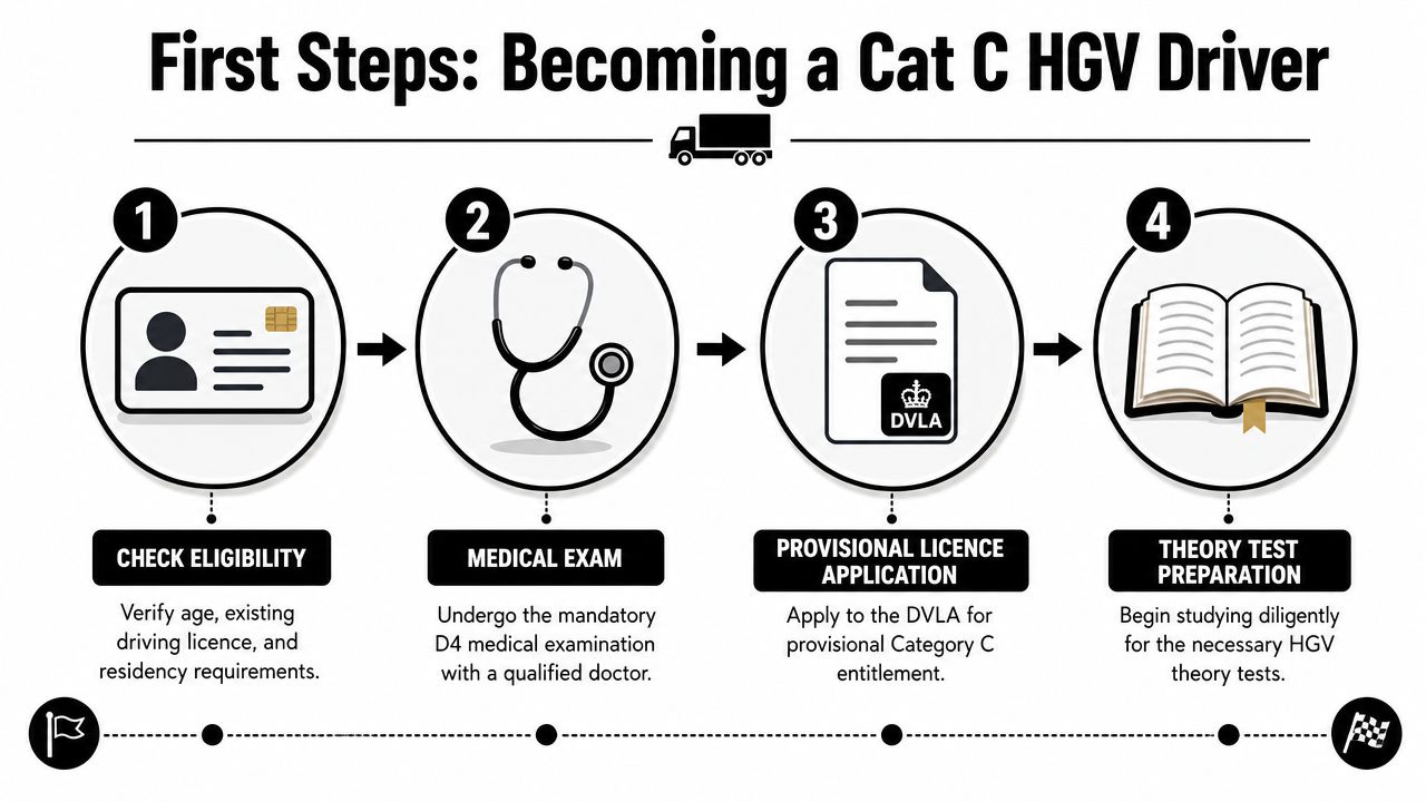 A four-step infographic illustrating the initial process required to begin training as a Cat C HGV driver.