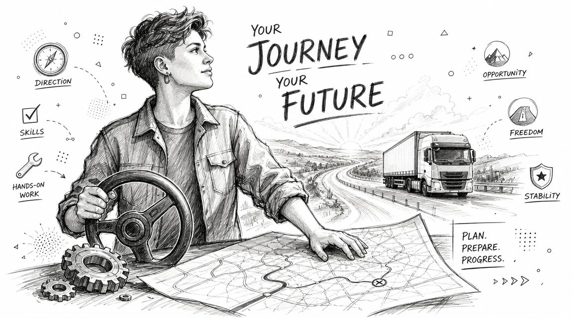 A pencil sketch of a person looking at a map, planning a career in the trucking industry.