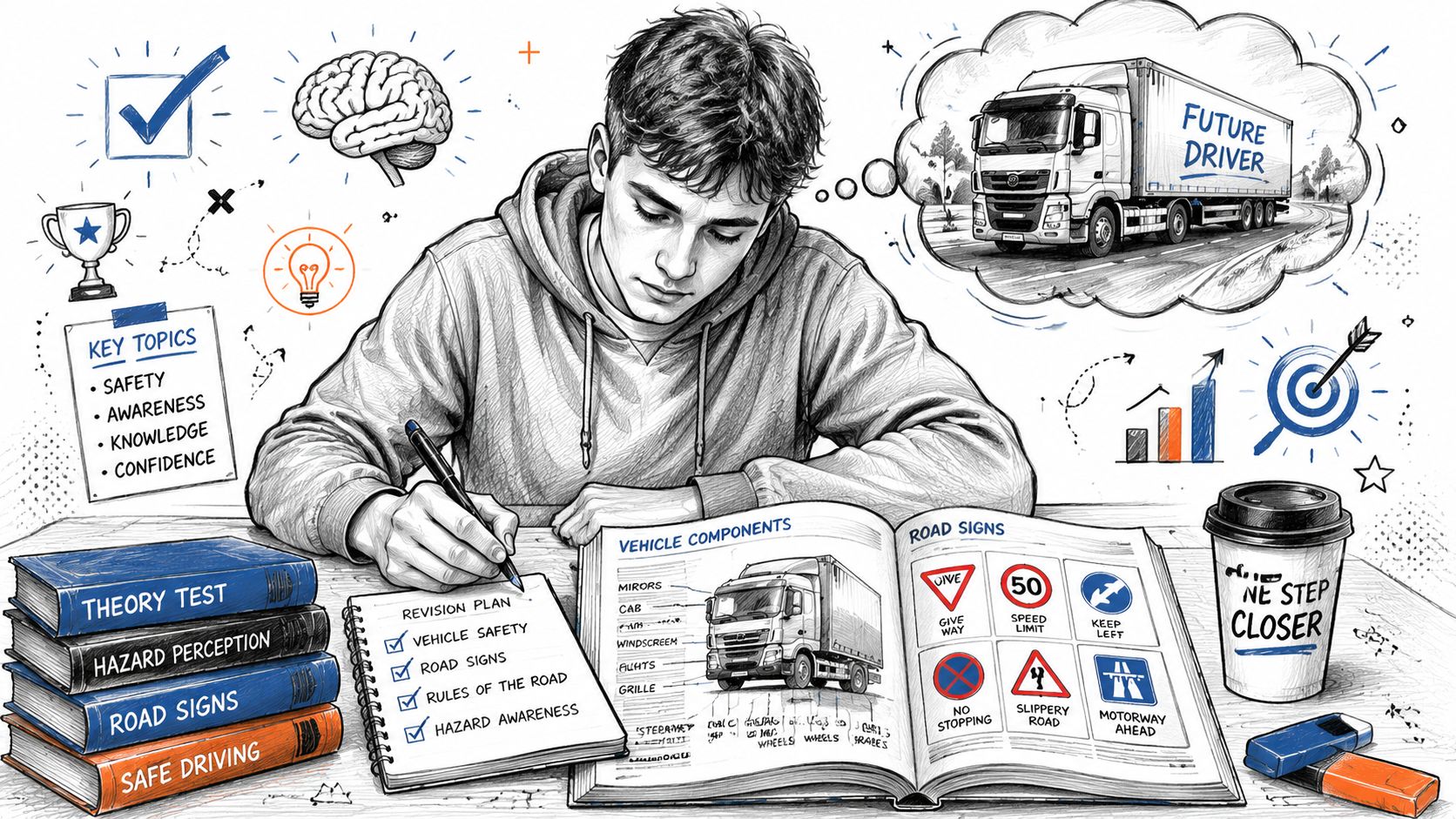 A young student diligently studying for their HGV driving theory test with textbooks and road sign diagrams.
