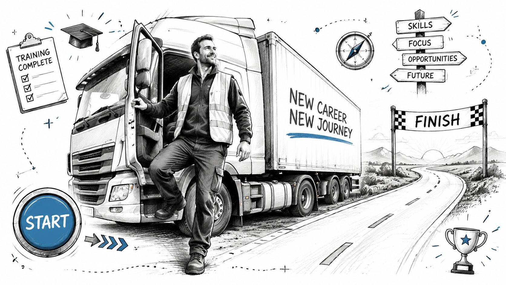 A happy truck driver standing by his vehicle representing a new career journey in the logistics industry.