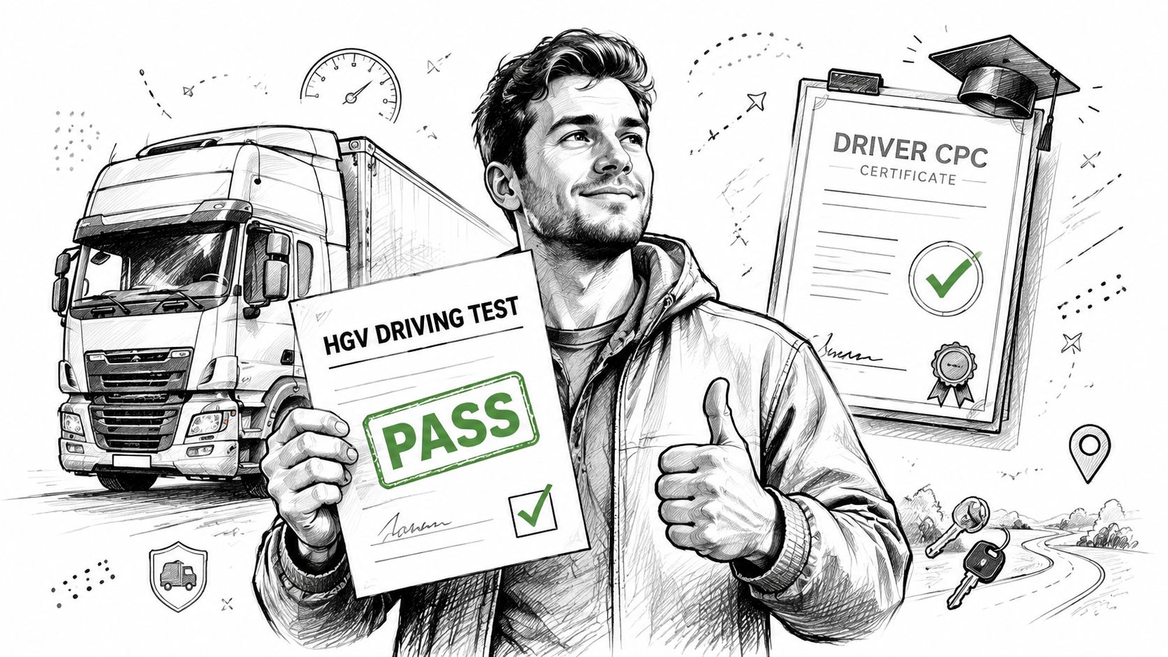 A happy man holding a pass certificate for his HGV driving test with a truck background.