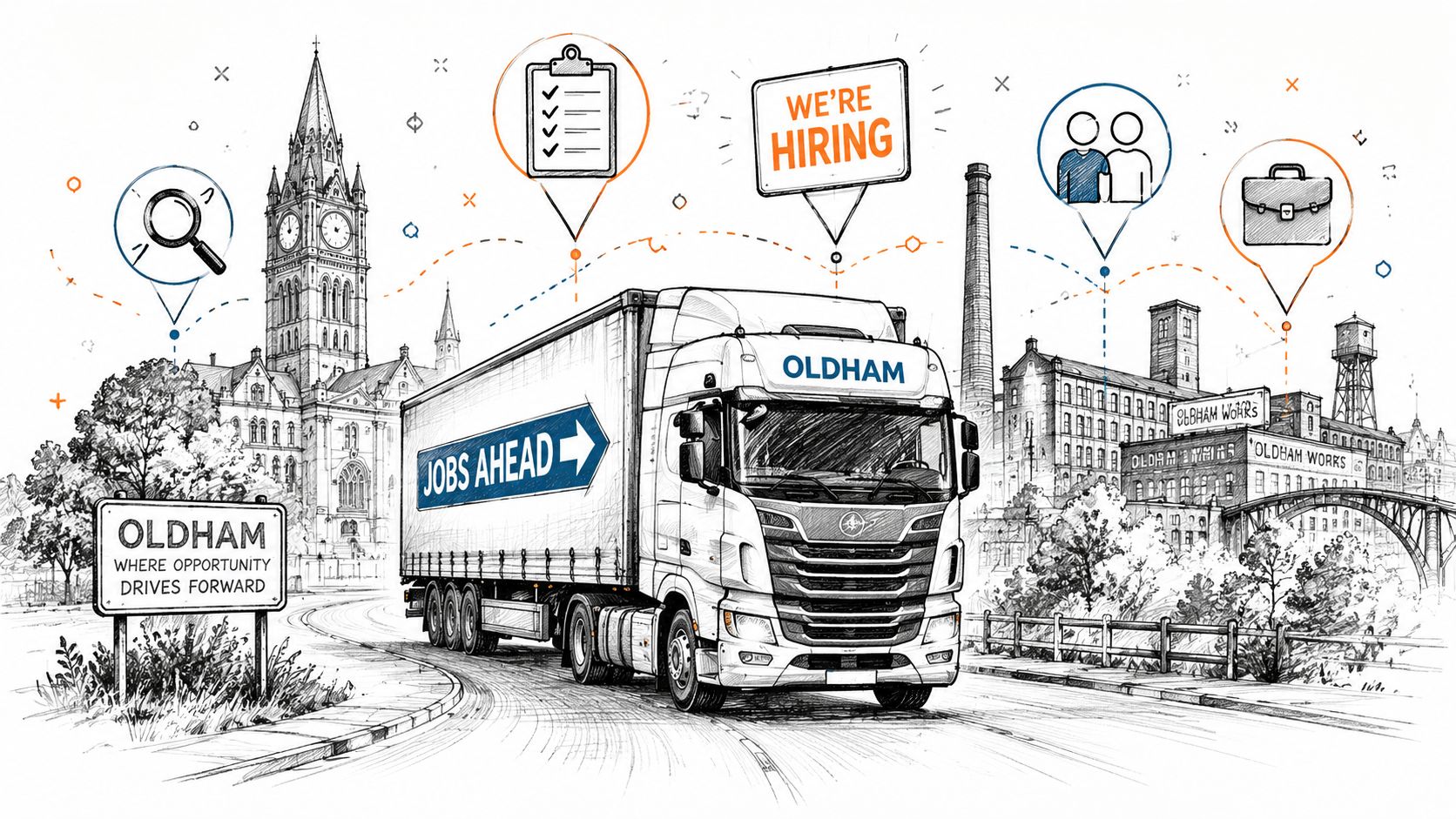 A sketched illustration of a truck in Oldham with icons representing job opportunities and hiring.