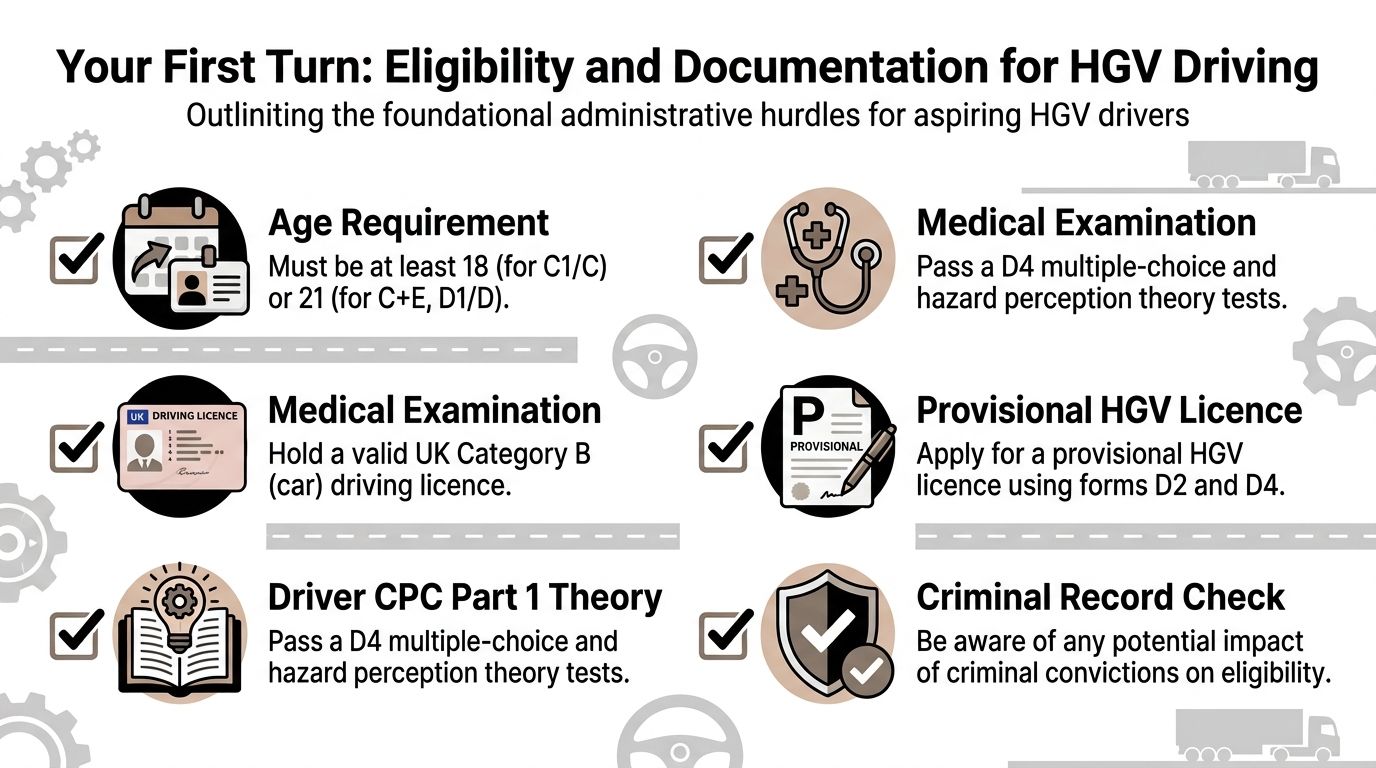 A checklist infographic detailing the necessary requirements and documentation for becoming an HGV driver in the UK.