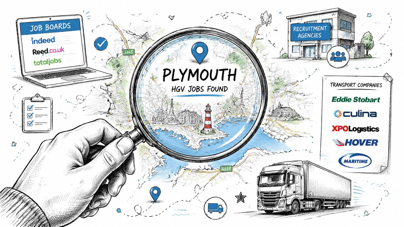 A hand holding a magnifying glass over a map of Plymouth highlighting HGV job search resources.