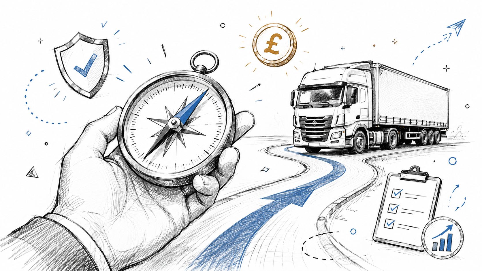 A hand holding a compass with a truck, currency symbol, and checklist representing logistics and insurance.