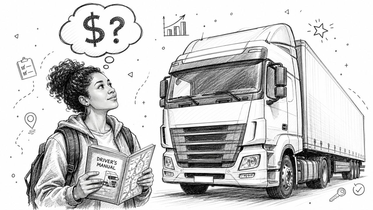 A woman holding a driver's manual looks up at a thought bubble containing a dollar sign and question mark.