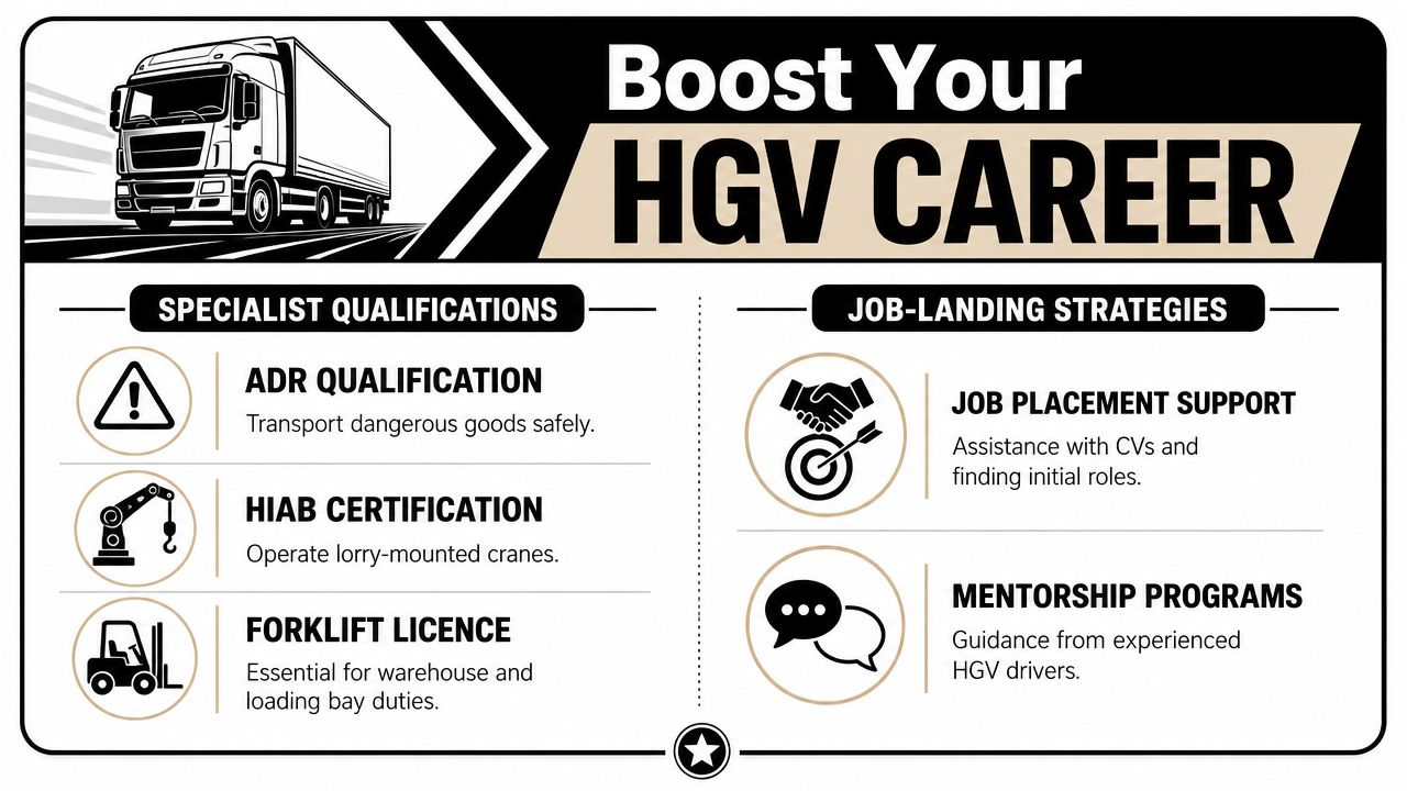 An infographic detailing specialist HGV qualifications and job-landing strategies to help boost a professional driving career.