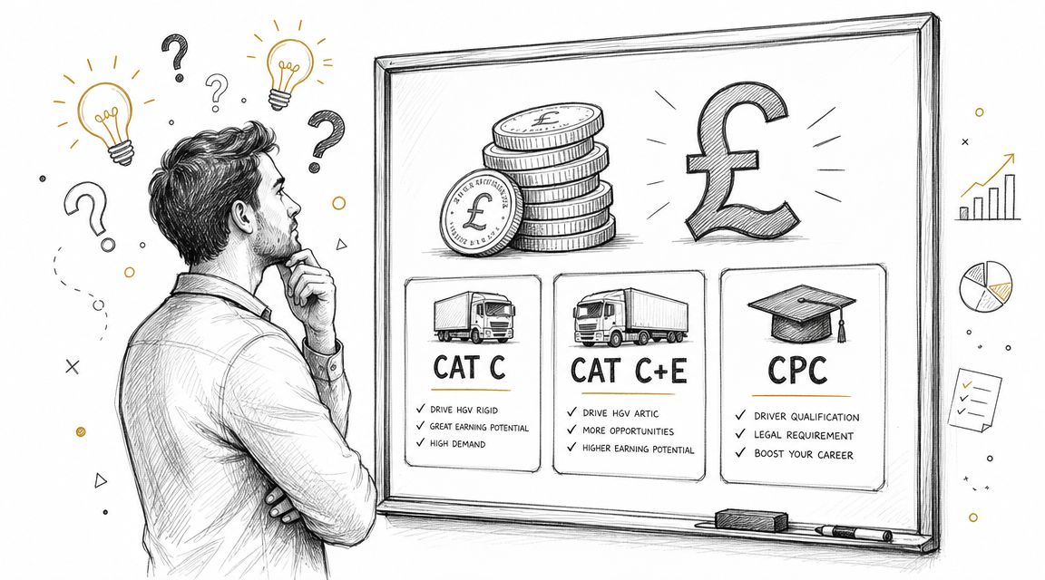A man looking at a whiteboard detailing HGV driver training categories and potential career benefits.