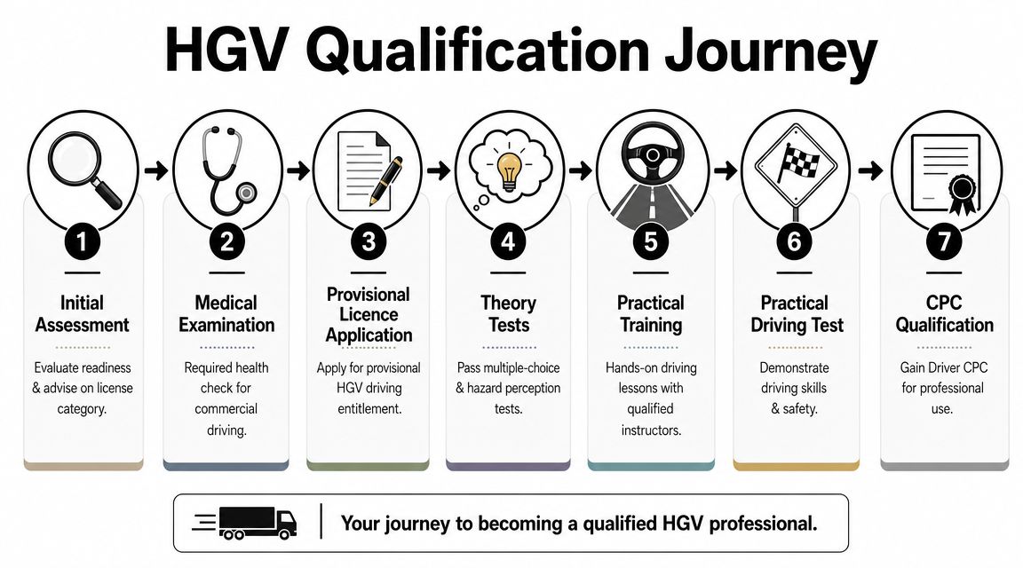 A step-by-step infographic illustrating the seven stages of the HGV qualification journey for becoming a professional driver.