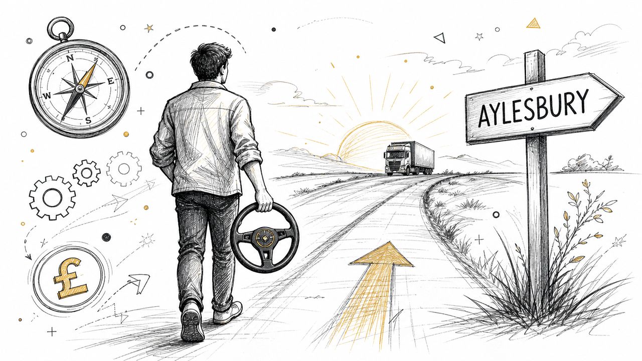 A person holding a steering wheel walks towards a road leading to Aylesbury, symbolizing truck driver training.