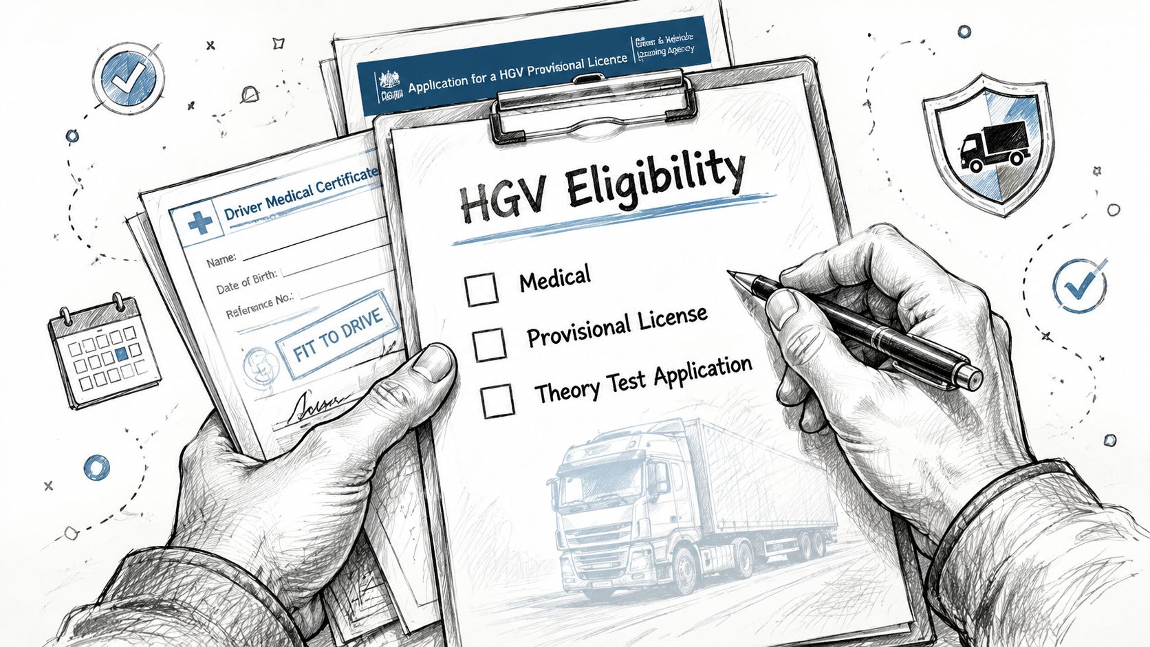 A person filling out a checklist for HGV eligibility including medical certificate, provisional licence, and theory test.