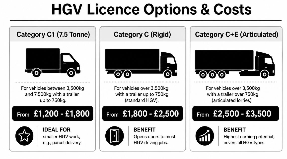 An infographic showing the different categories, descriptions, and price ranges for HGV driving licence training options.
