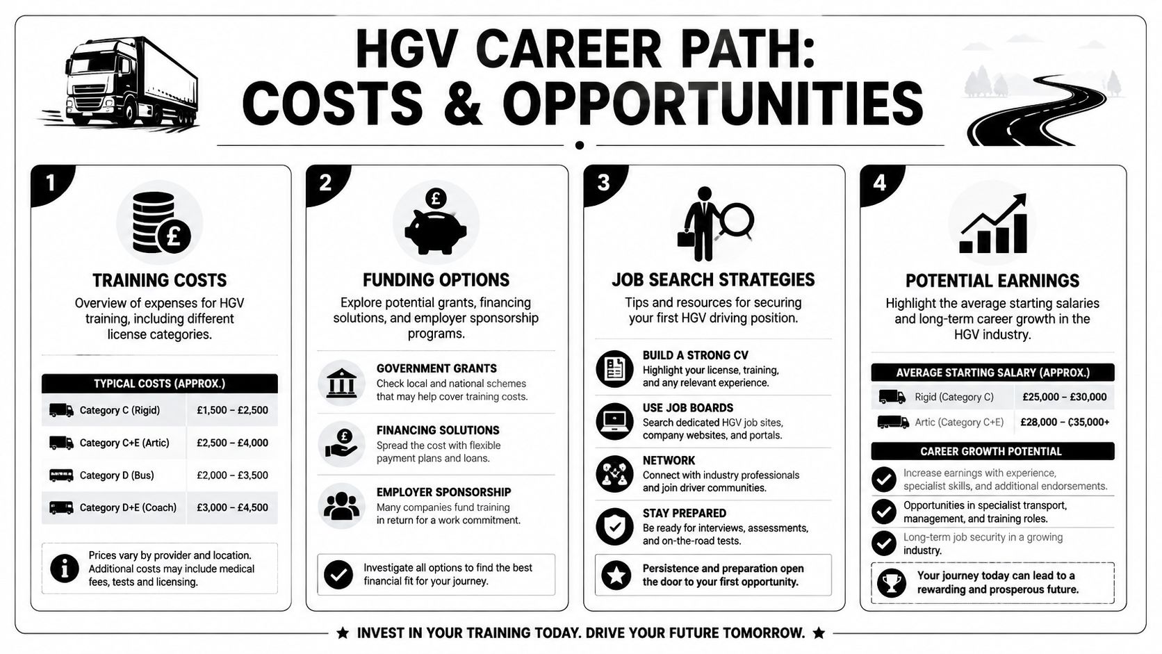 An infographic detailing the costs, funding, job search tips, and earnings potential for an HGV driving career.