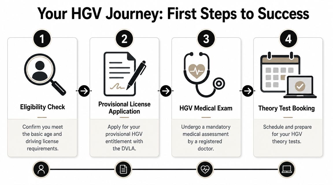 A four-step infographic illustrating the initial process for obtaining an HGV driving licence, from eligibility to booking.
