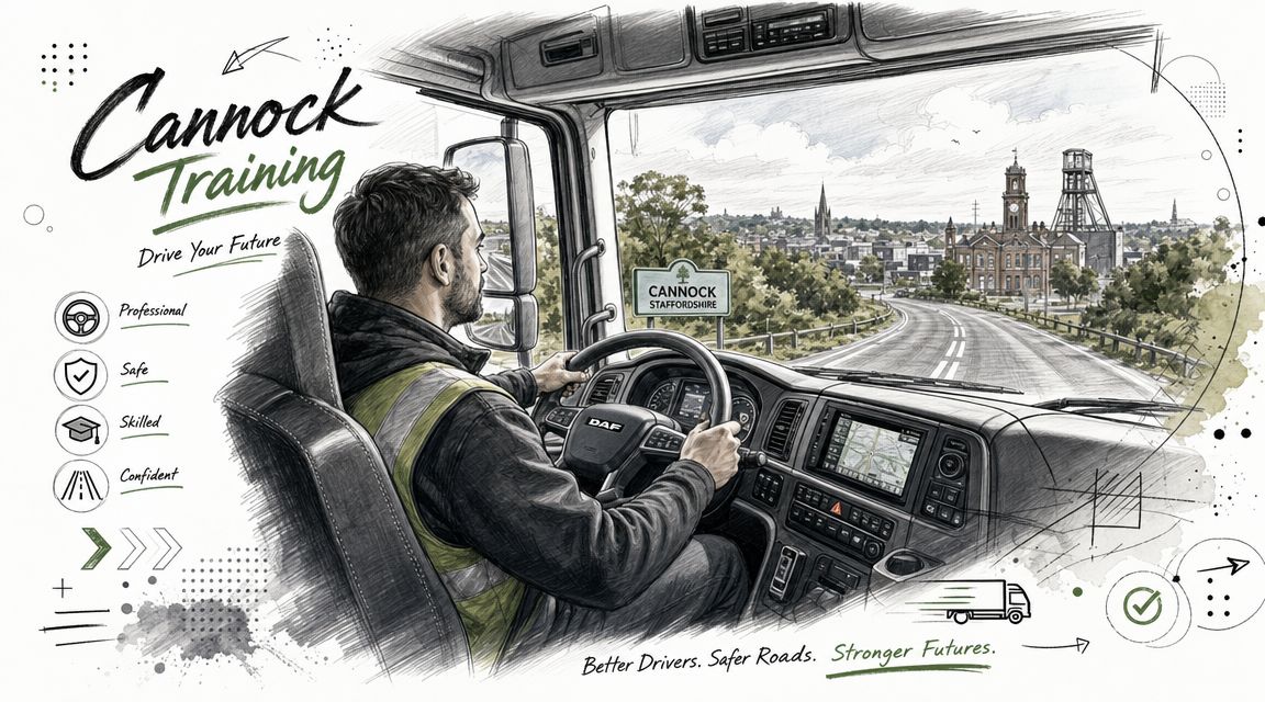 A professional truck driver in a cabin with a sketch-style illustration of the Cannock cityscape view.