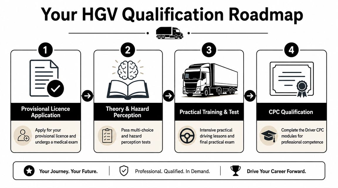 A four-step infographic illustrating the qualification process to become a professional HGV driver in the UK.