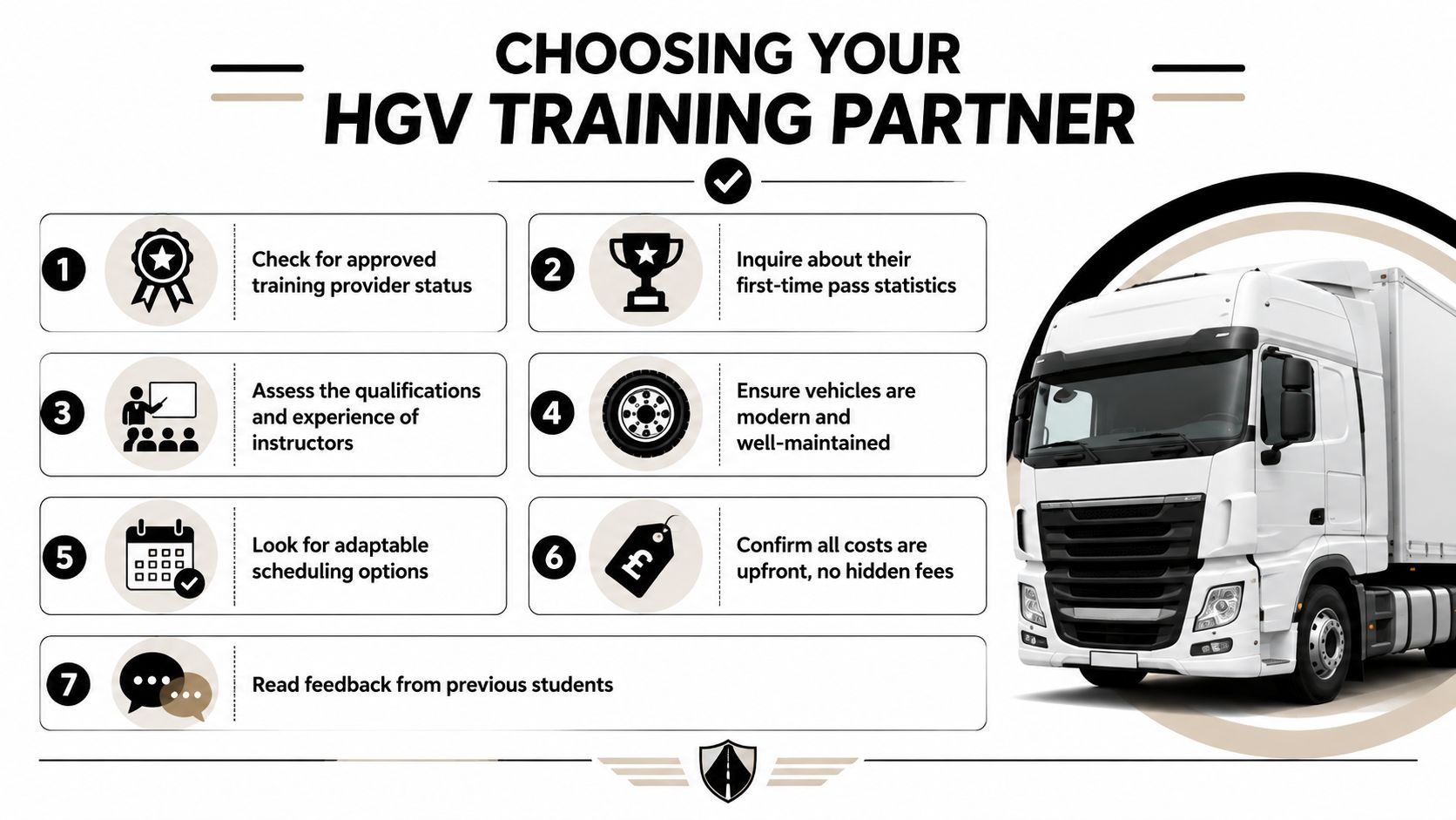 A helpful infographic outlining seven key steps to consider when choosing an HGV training partner.