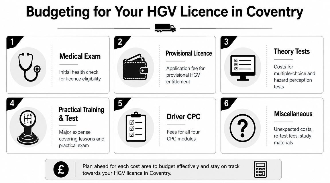 A six-step infographic detailing the various costs and stages involved in obtaining an HGV licence in Coventry.