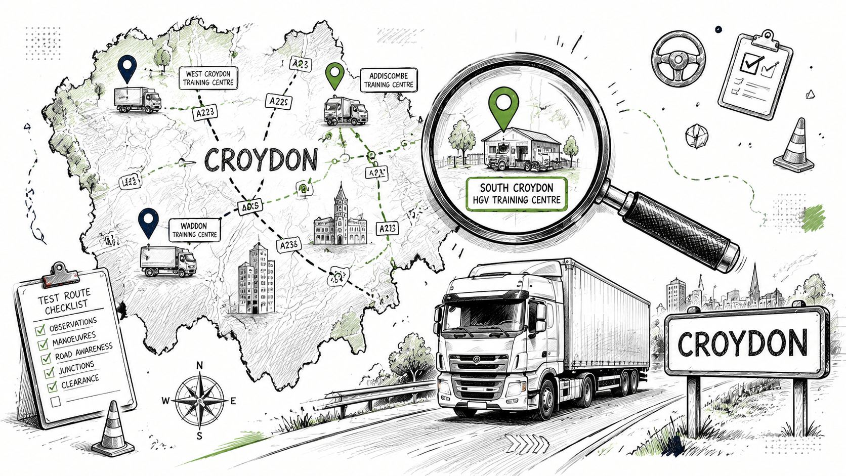A sketched map of Croydon illustrating various HGV training centres and a truck on the road.