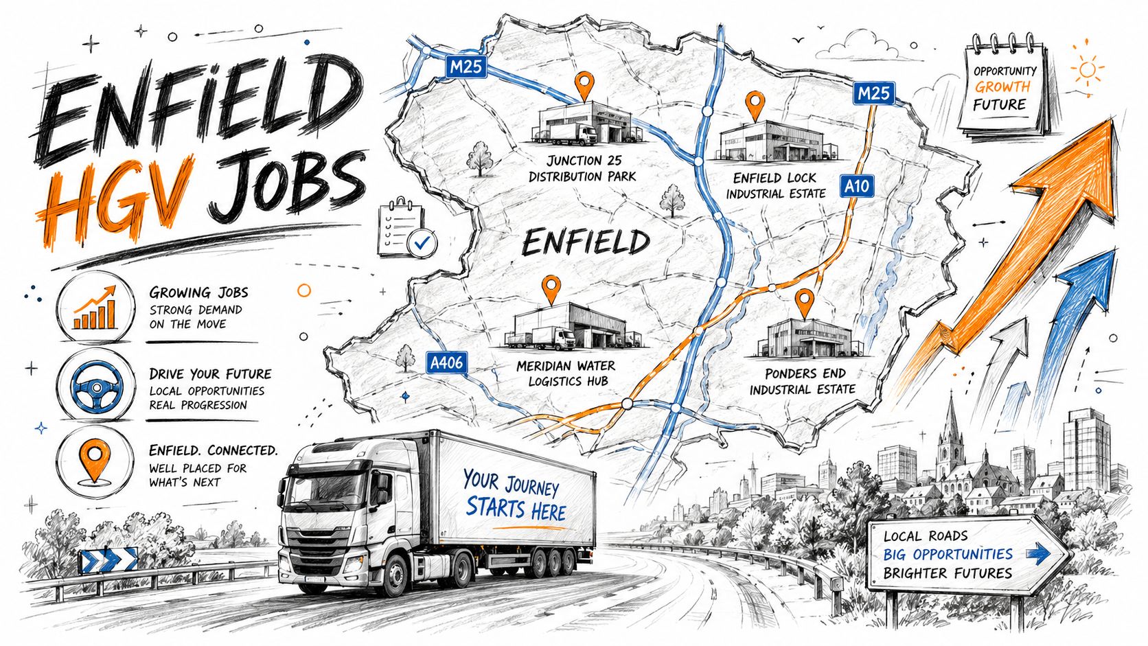 An infographic map of Enfield highlighting HGV job opportunities, major distribution hubs, and transport links.